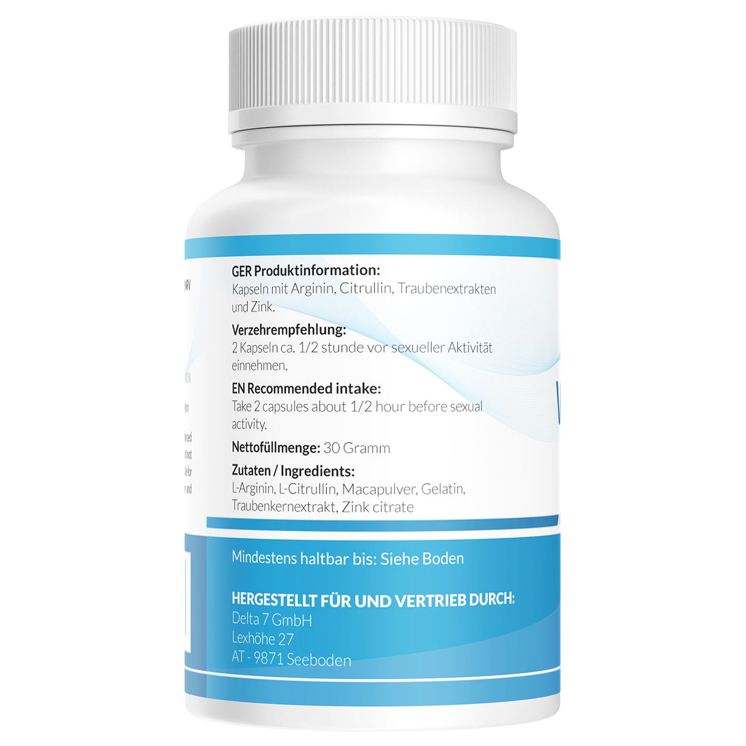 Retro di un flacone bianco con testo blu. Informazioni sugli ingredienti, il dosaggio e il produttore.