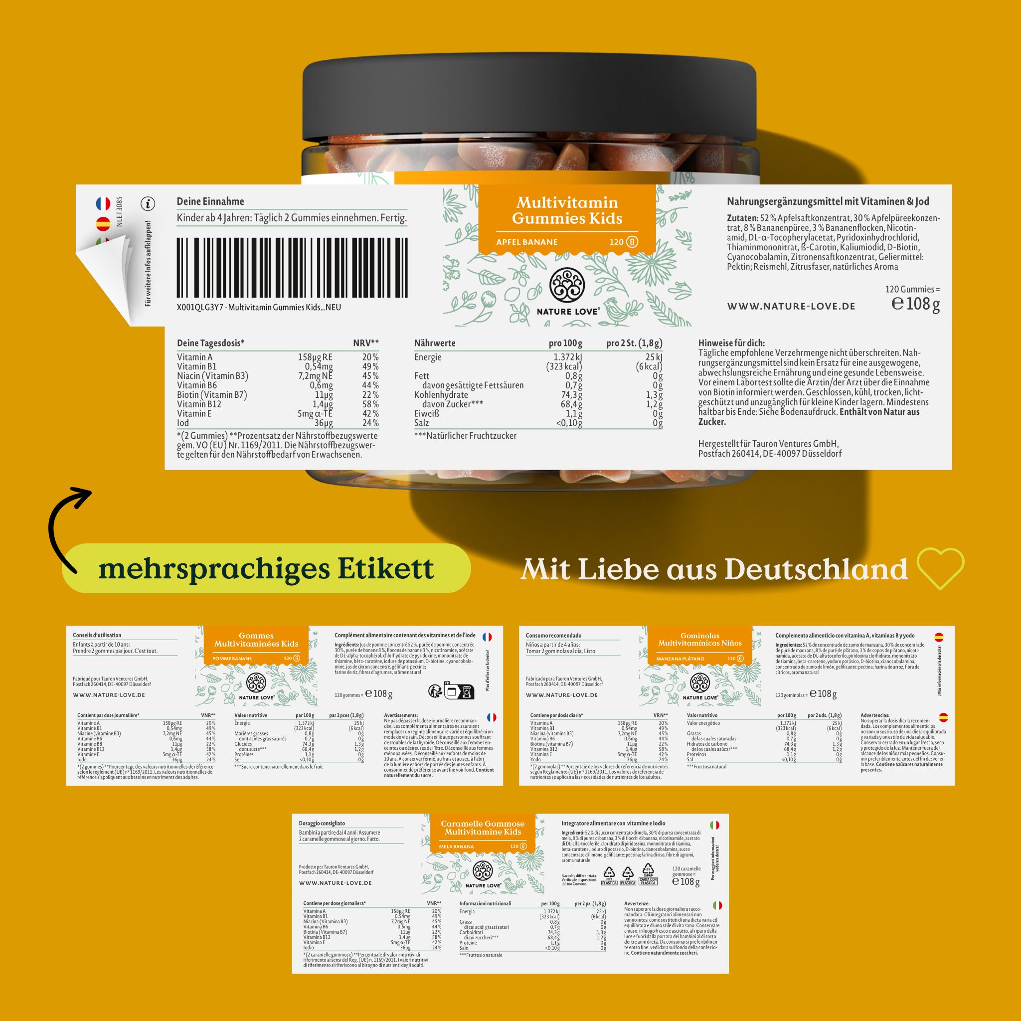 Etichetta multilingue con informazioni su NATURE LOVE® Multivitamin Gummies Kids. Valori nutrizionali, ingredienti, origine.