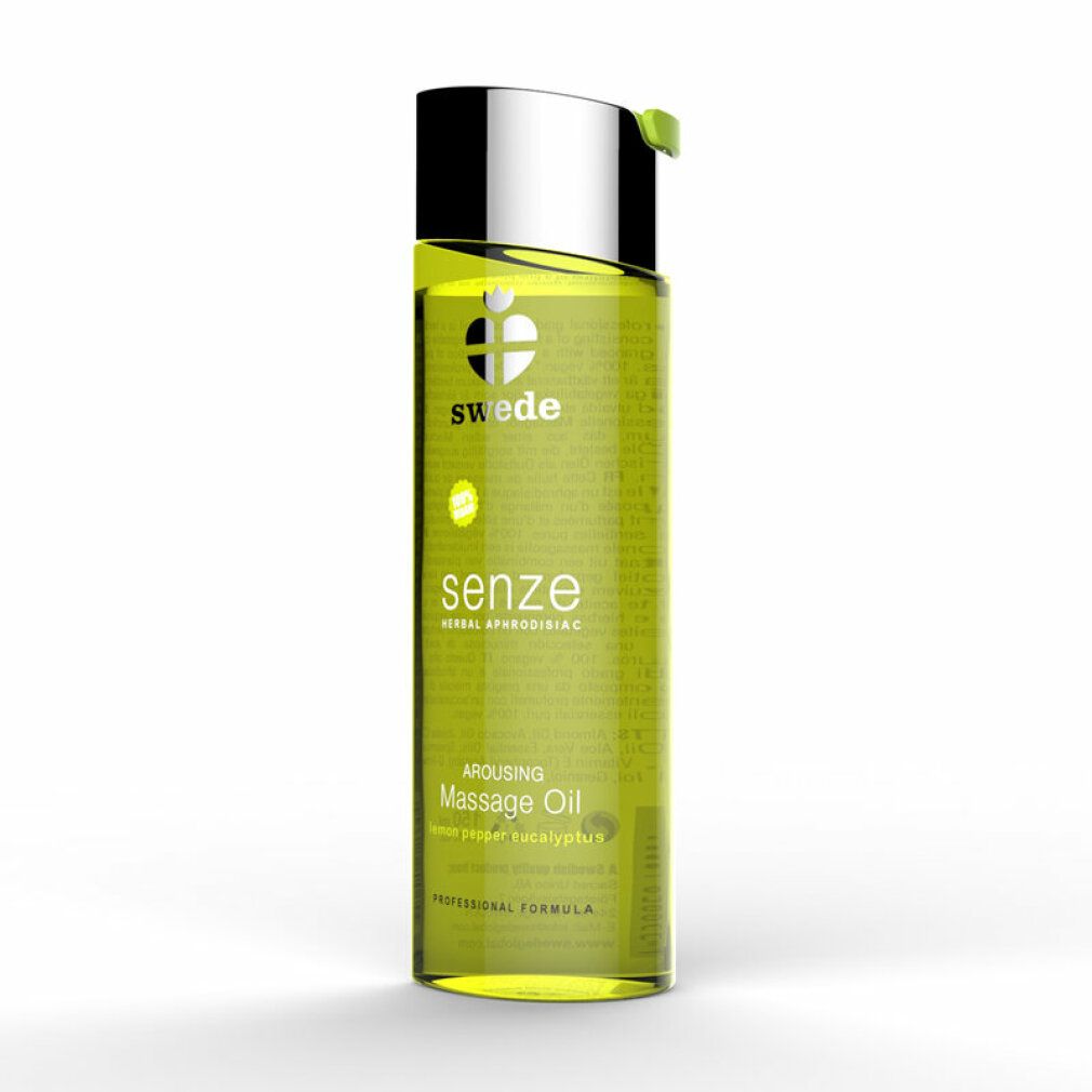 Flacone in vetro verde con tappo argentato. Scritte: Swede, senze, Massage Oil. Contiene Lemon Pepper Eucalyptus.
