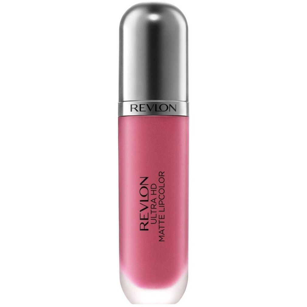 Revlon Ultra HD Matte Lipcolor. Rossetto rosa in flacone allungato con tappo argentato. Testo: Matte/Mat.