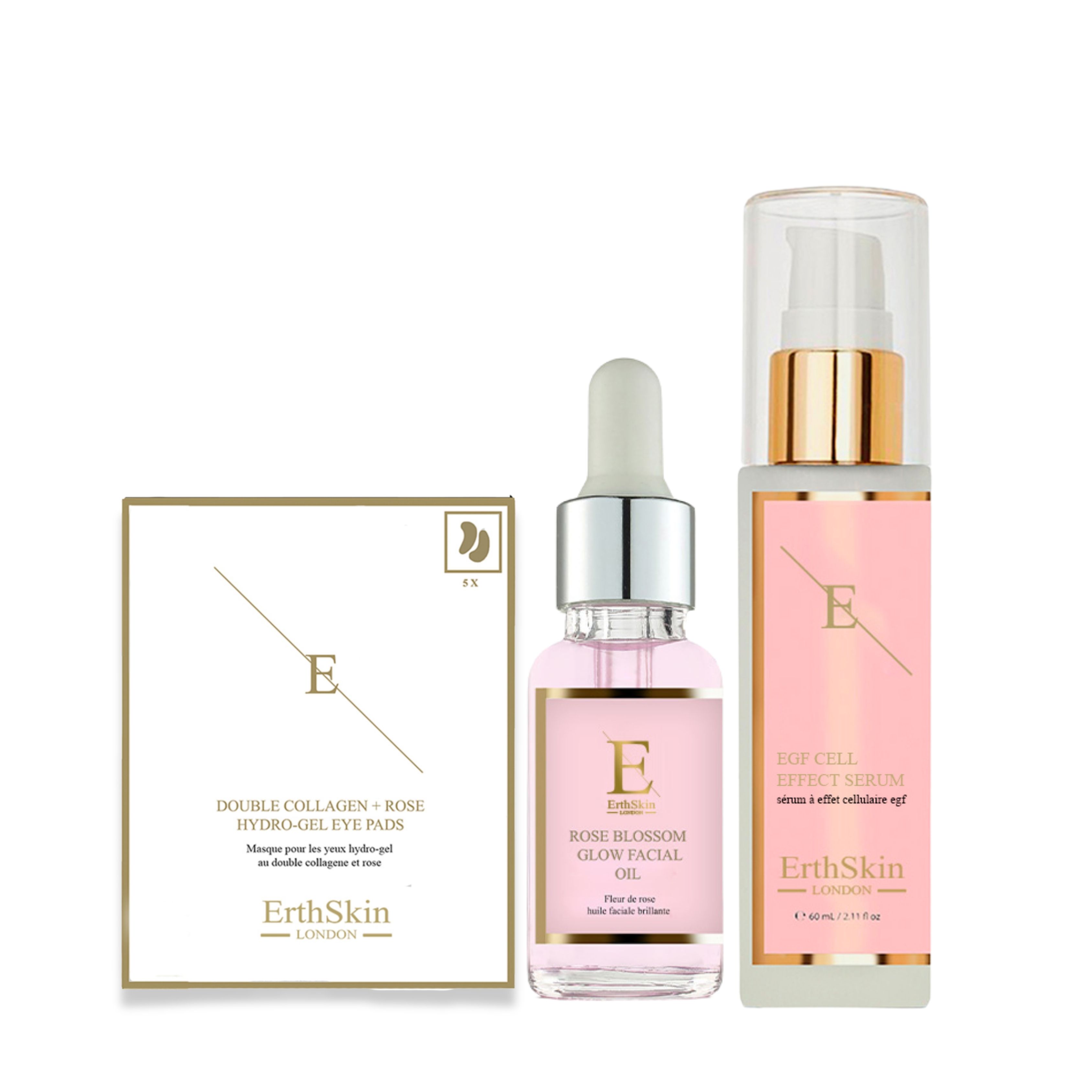 ErthSkin London SIERO EGF + Olio viso luminoso ai fiori + Cuscinetti per occhi a doppio collagene