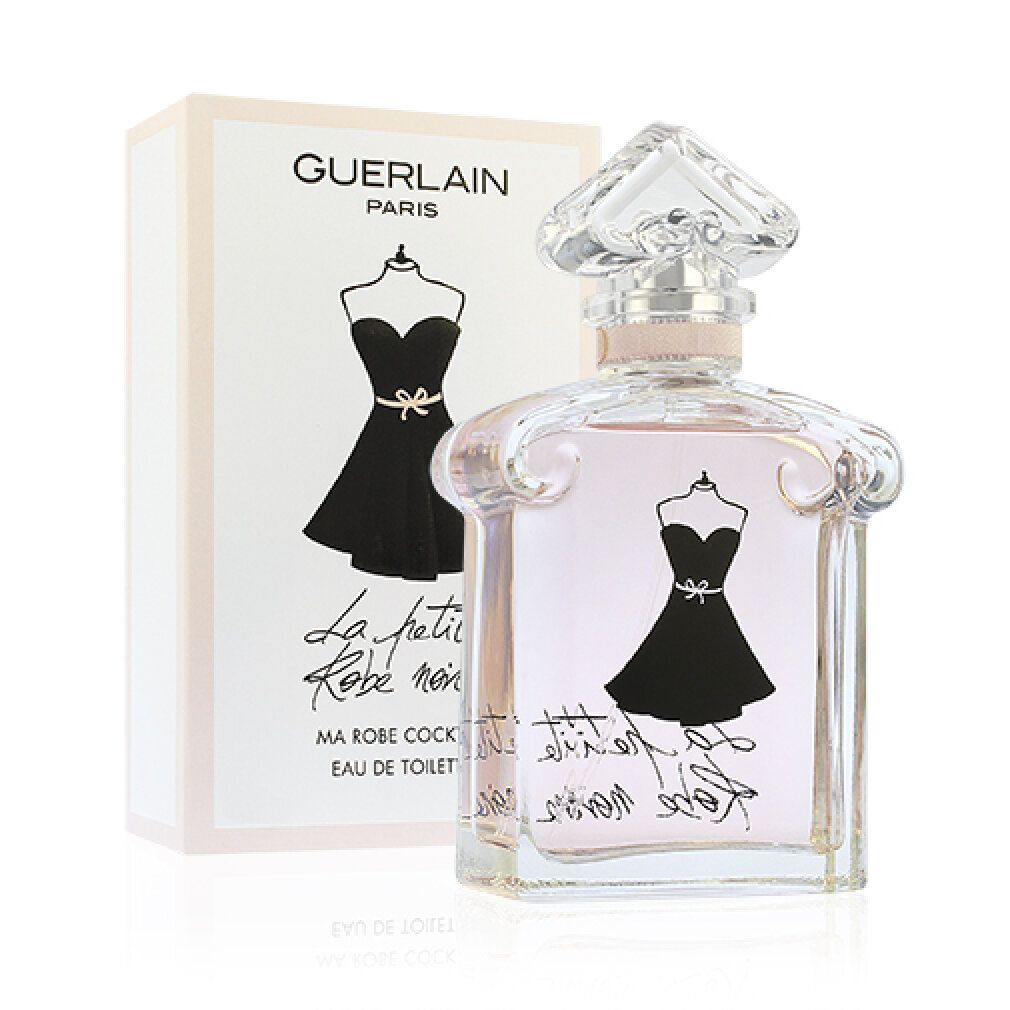 Flacone e confezione. Flacone con liquido rosa, design abito nero. Confezione con logo e nome del prodotto. Guerlain Paris.