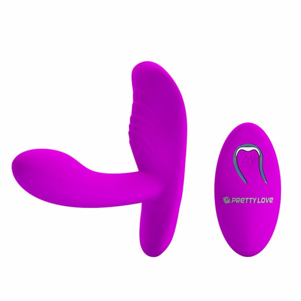 Vibratore e telecomando viola uno accanto all'altro su sfondo bianco.