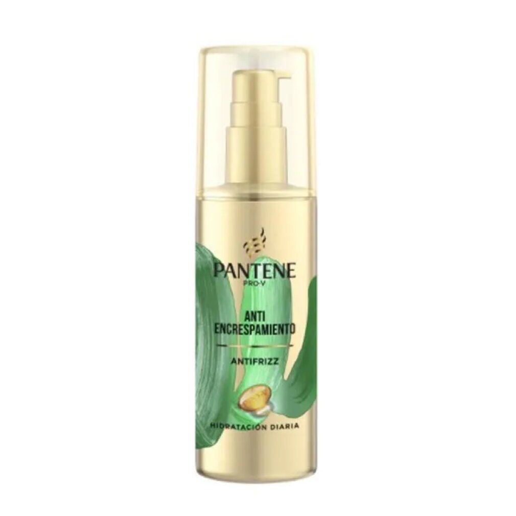 Flacone dorato con dosatore. Scritte: PANTENE PRO-V, ANTI ENCRESPAMIENTO, ANTIFRIZZ. Elementi grafici verdi e gialli.