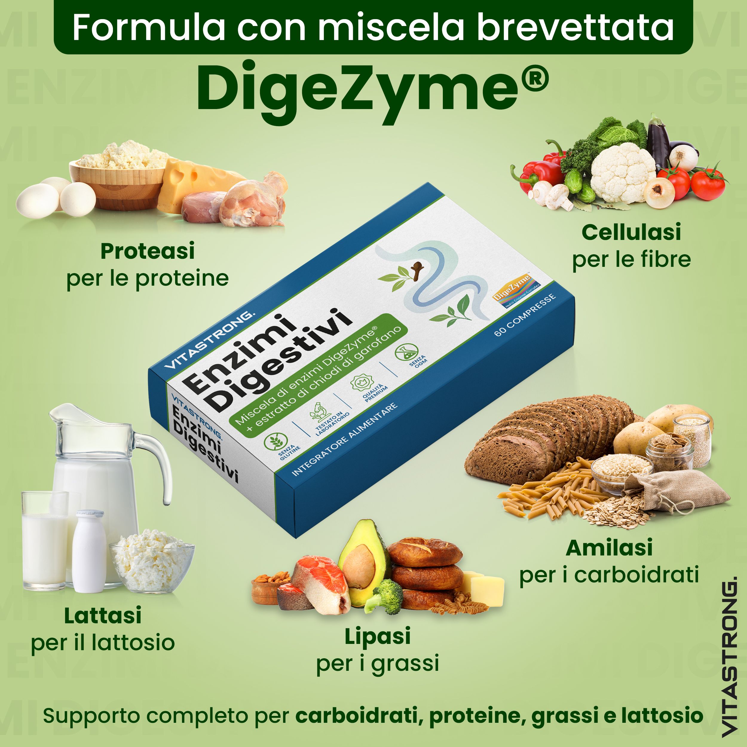 Confezione del prodotto con ingredienti. Testo: Enzimi Digestivi. Contiene 60 compresse. Con DigeZyme®.