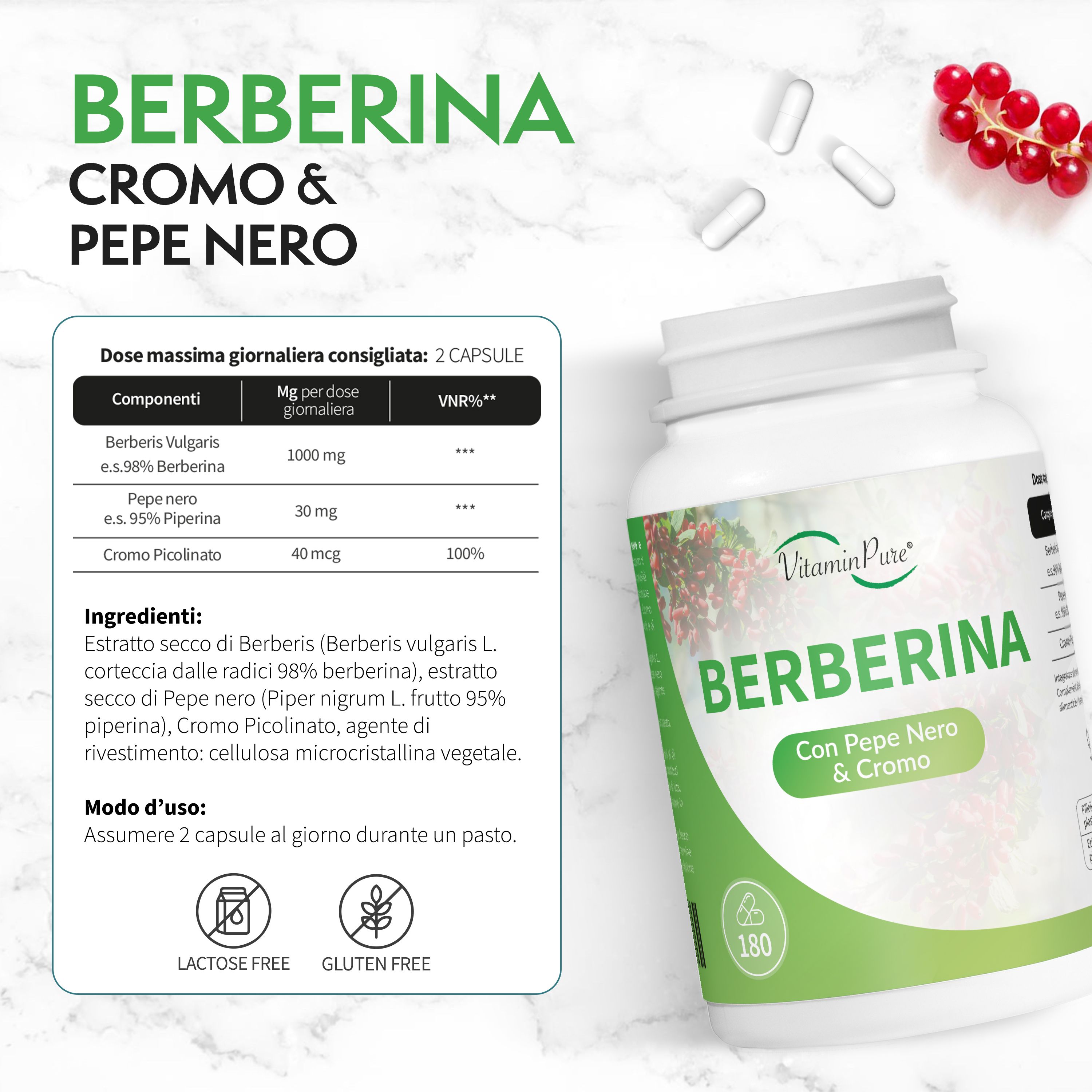 VitaminPure® Berberina con Pepe Nero e Cromo | Capsule facili da ingerire