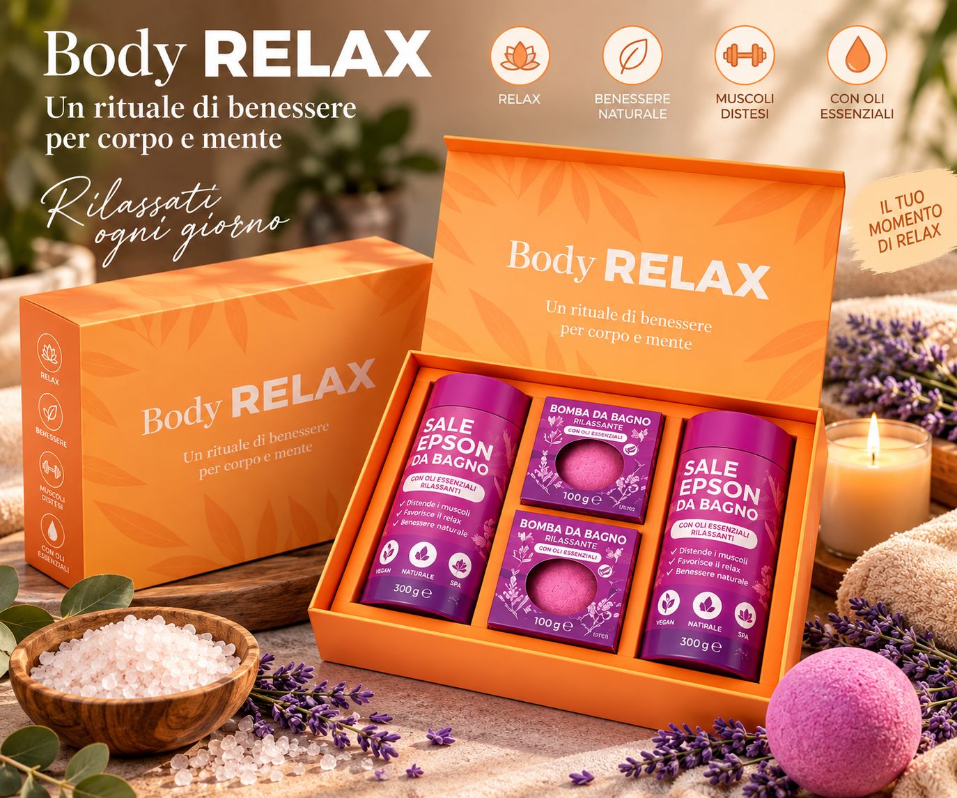 Set regalo Body Relax con sali da bagno e bombe da bagno.