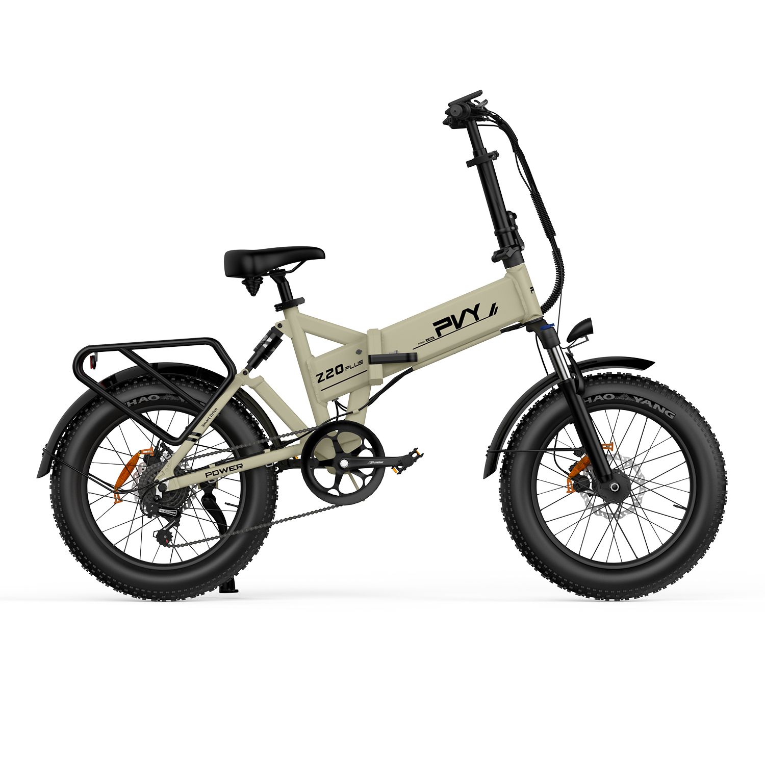 E-bike beige con pneumatici neri e portapacchi. PVY Z20 Plus è visibile sul telaio.