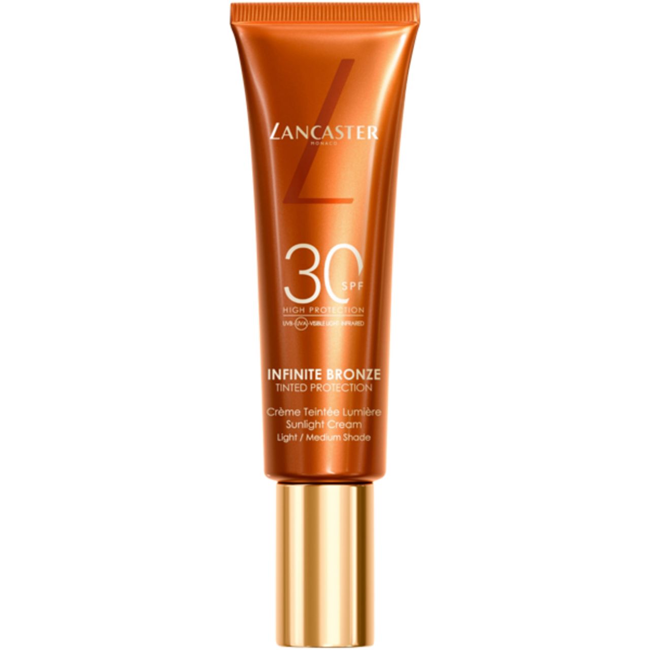 Tubo marrone con tappo dorato. Logo "Lancaster", "SPF 30", "Infinite Bronze" e nome del prodotto. Scritta: Crème Teintée Lumière.