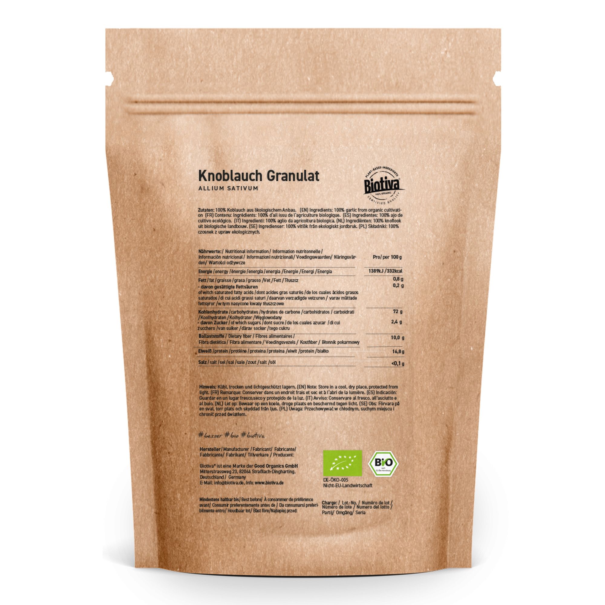 Confezione in carta marrone con scritta: Knoblauch Granulat, Biotiva, marchio bio. Retro con informazioni nutrizionali e certificazione bio.