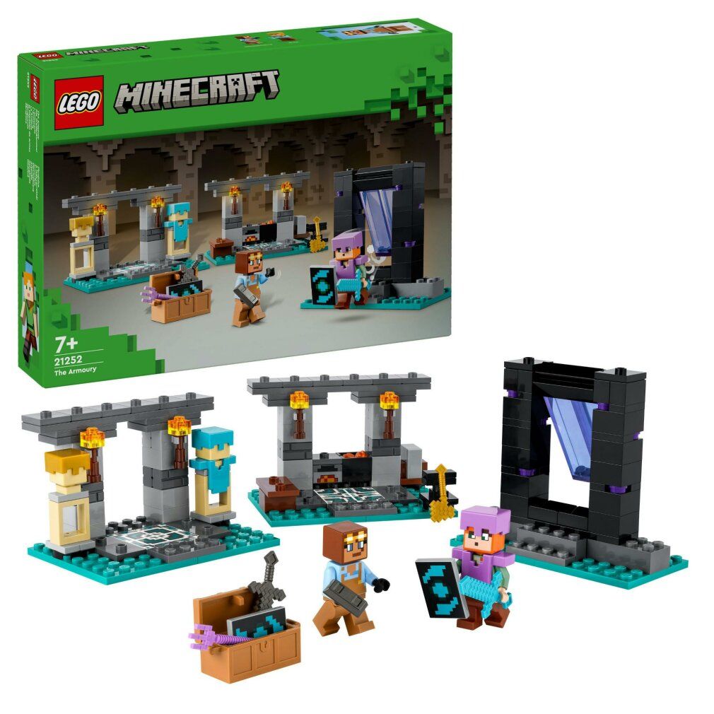 Set LEGO Minecraft. Il set mostra personaggi, armi ed edifici. Età consigliata 7+. La confezione è sullo sfondo.