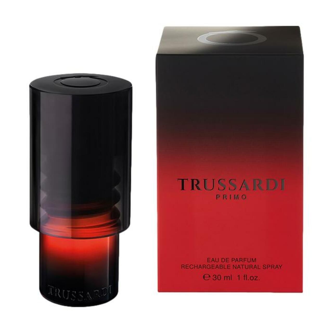 Flacone e confezione. Flacone nero e rosso. Scatola con "TRUSSARDI PRIMO" e testo.