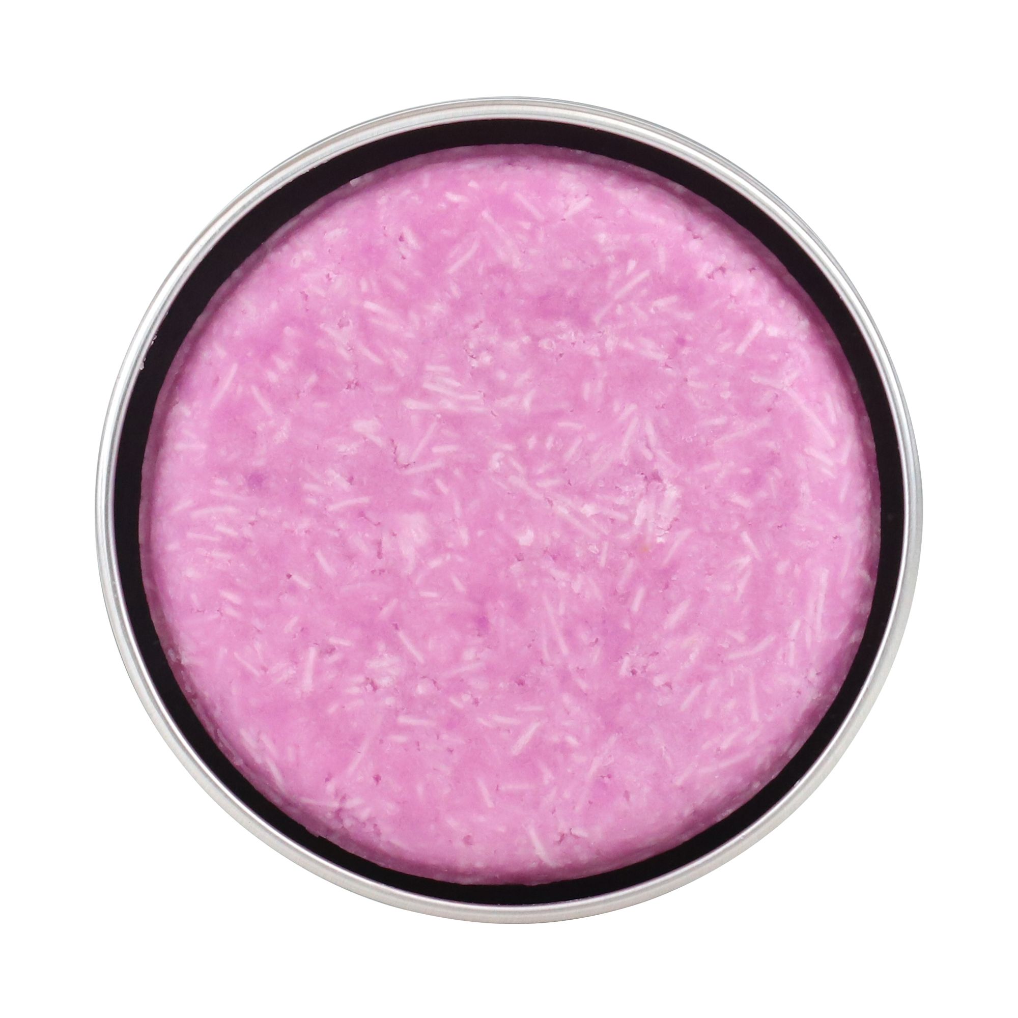 Vista dall'alto di shampoo solido rosa rotondo in scatola nera. Nessuna altra scritta visibile.