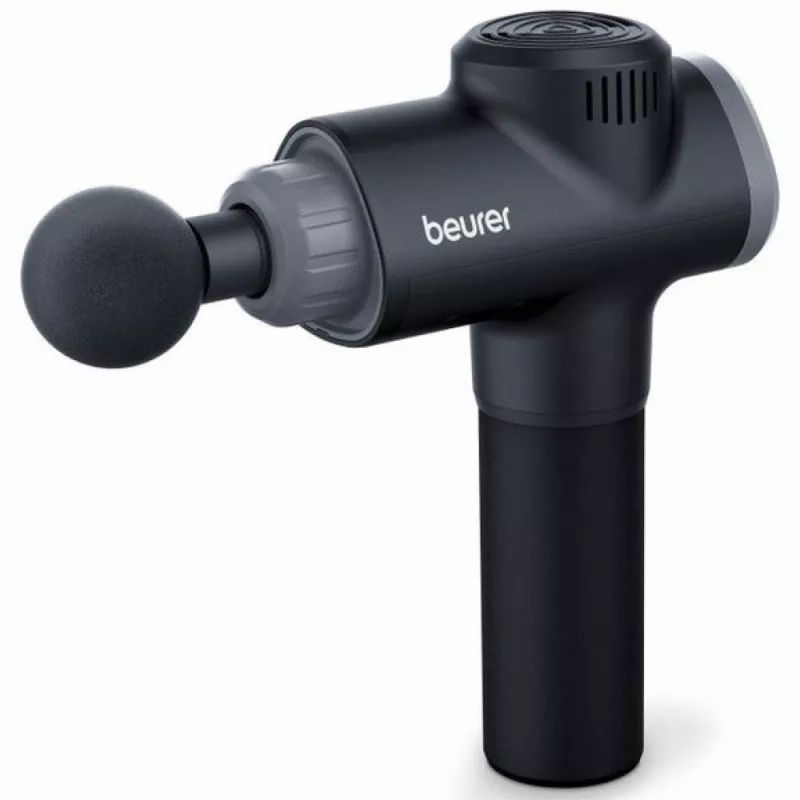 Pistola massaggiante nera con attacco rotondo. Dettagli grigi. Logo Beurer. Parte superiore con fessure di ventilazione. Impugnatura scanalata.