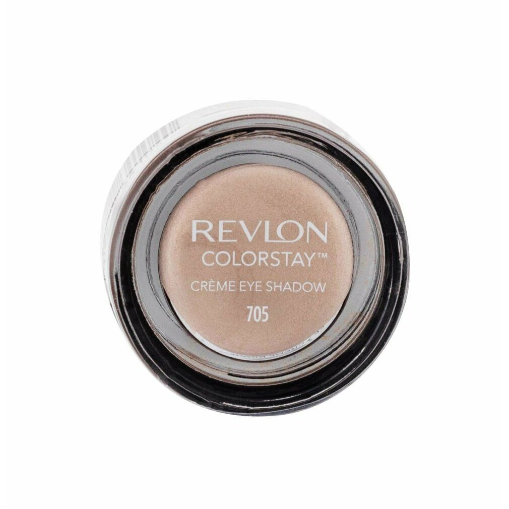 Vasetto di ombretto in crema, beige chiaro. Scritta: Revlon Colorstay Crème Eye Shadow 705.