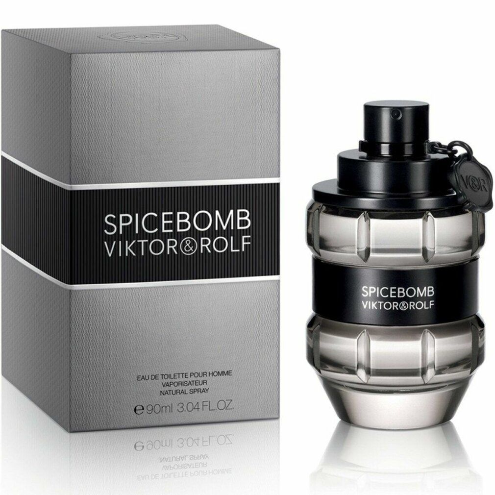Confezione grigia e flacone. SPICEBOMB, VIKTOR & ROLF. Eau de Toilette per uomo, spray naturale.