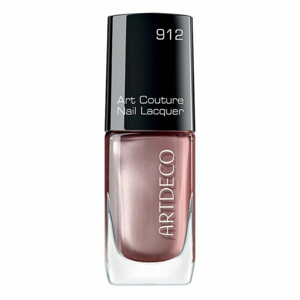 Flacone di smalto per unghie, colore 912. Art Couture Nail Lacquer. Tonalità rosa-oro. Tappo nero. Marchio ARTDECO.