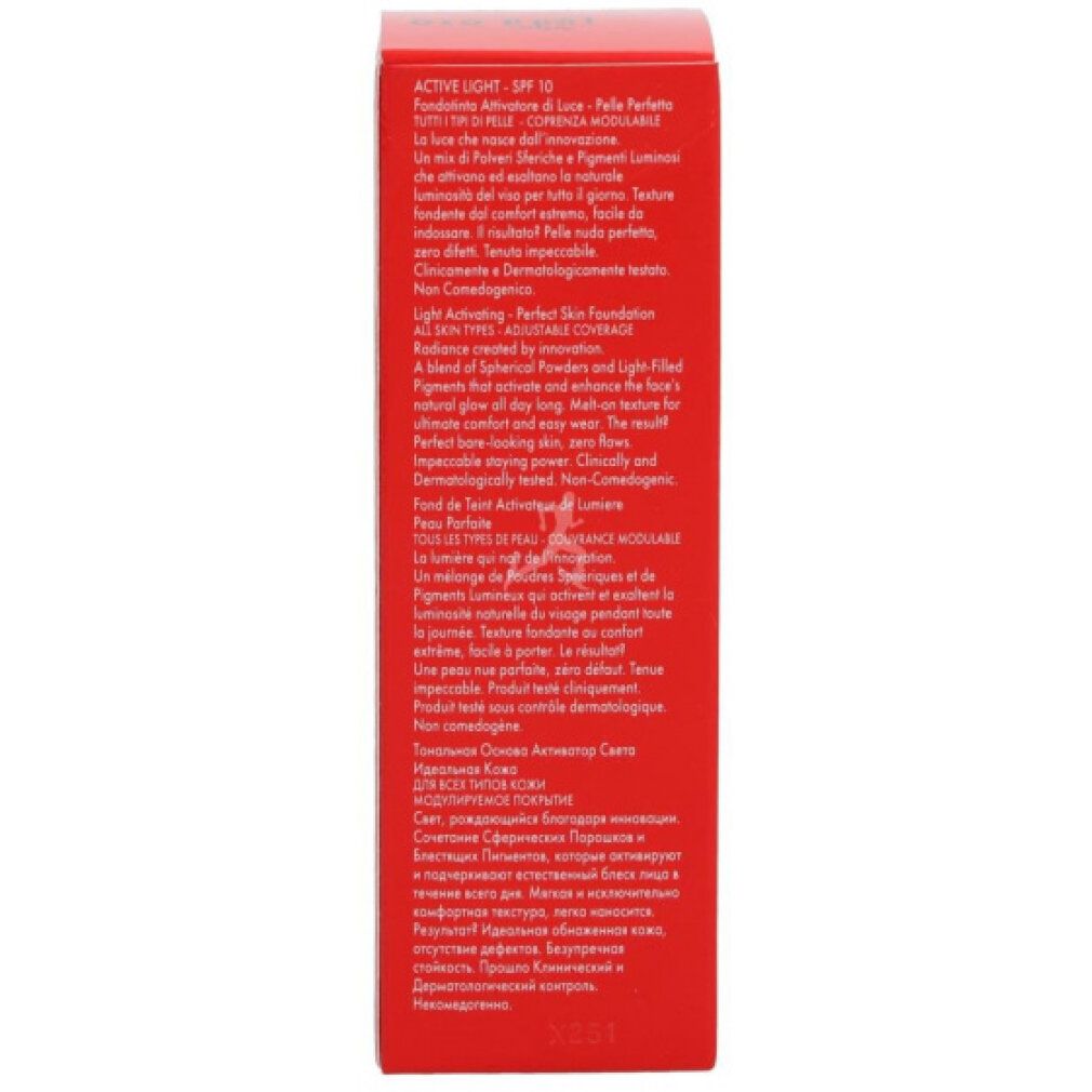 Confezione rossa con testo multilingue. Nome prodotto: Active Light SPF 10. Contiene informazioni sul prodotto.