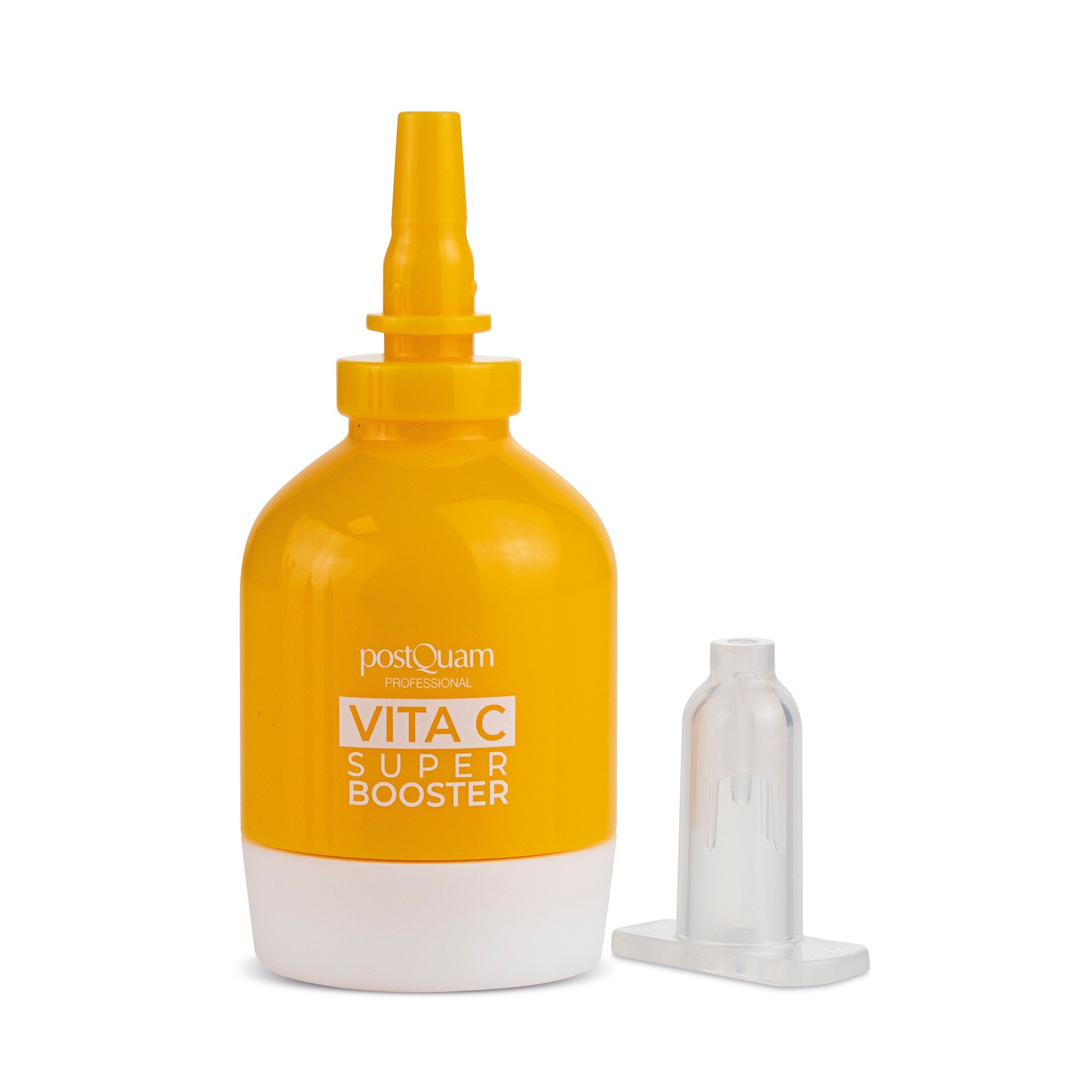 Flacone giallo e bianco. Scritta: Postquam Vita C Super Booster. Applicatore trasparente separato.