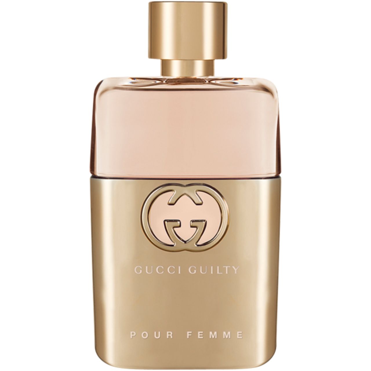 Flacone dorato con tappo dorato. Logo Gucci e scritta GUILTY POUR FEMME.