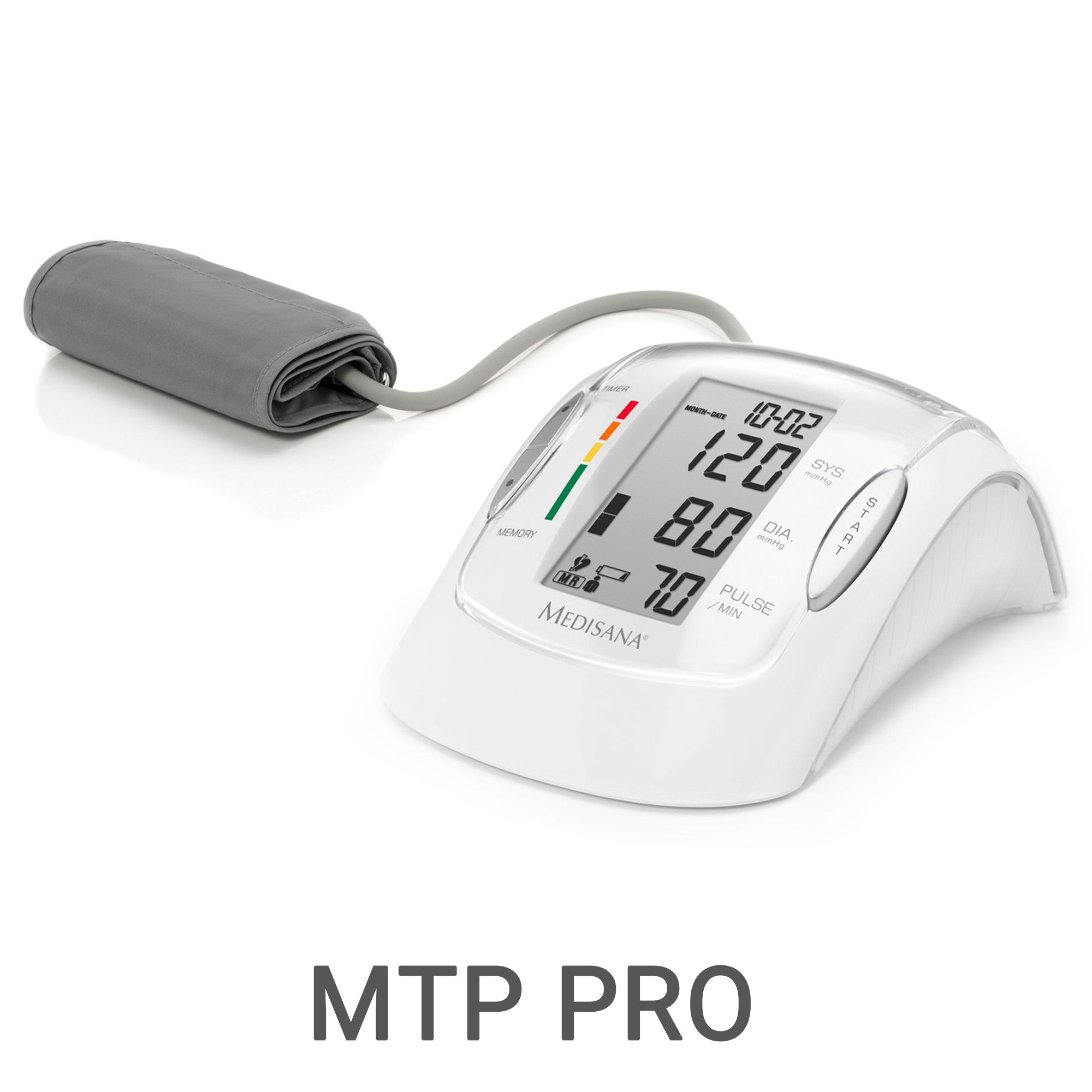 Misuratore di pressione da braccio bianco MTP PRO con bracciale e display digitale.