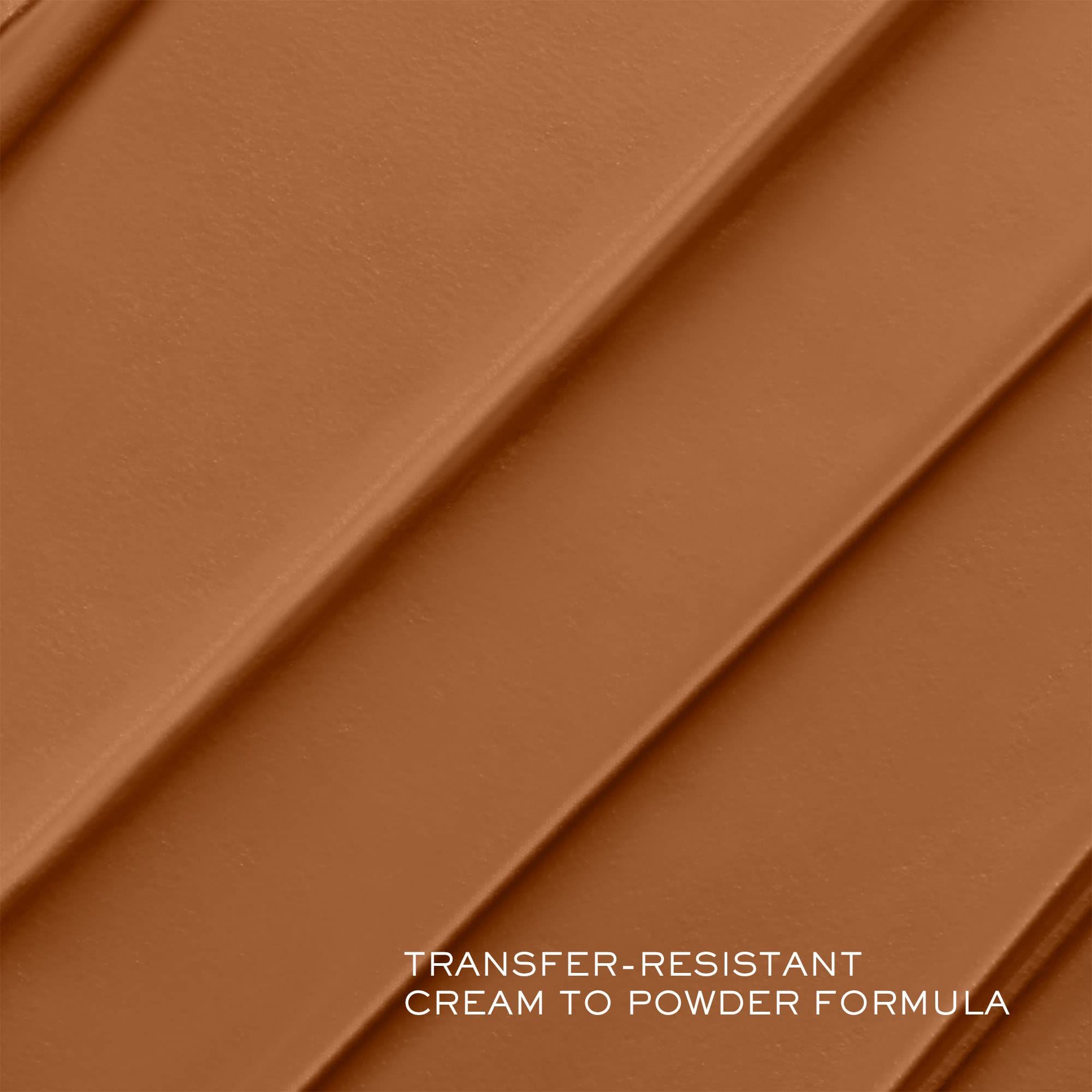 Tonalità marrone, texture cremosa. Testo: Transfer-Resistant, Cream to Powder Formula.