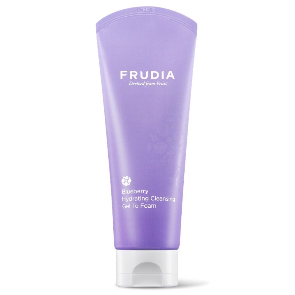 Tubo lilla con tappo bianco. Scritta FRUDIA e Blueberry Hydrating Cleansing Gel To Foam.