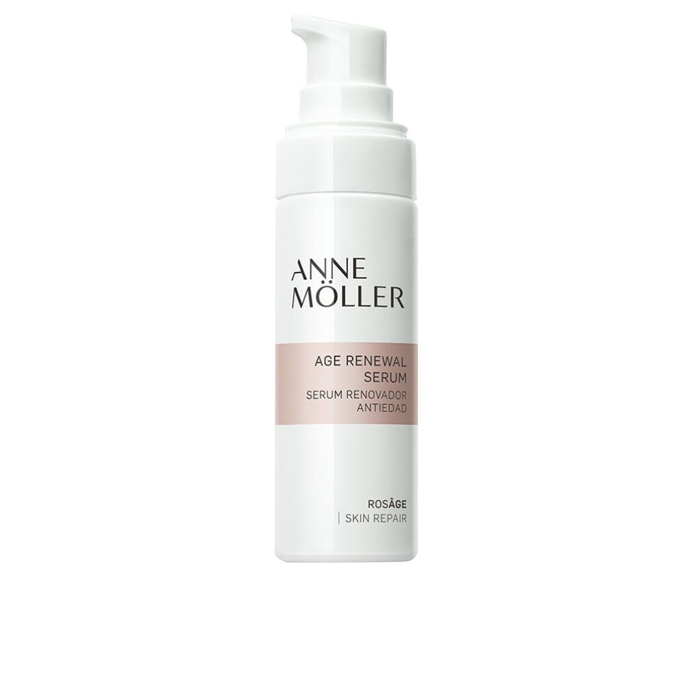 Flacone di siero bianco con dosatore. Scritta: Anne Möller, Age Renewal Serum, Rosâge Skin Repair.