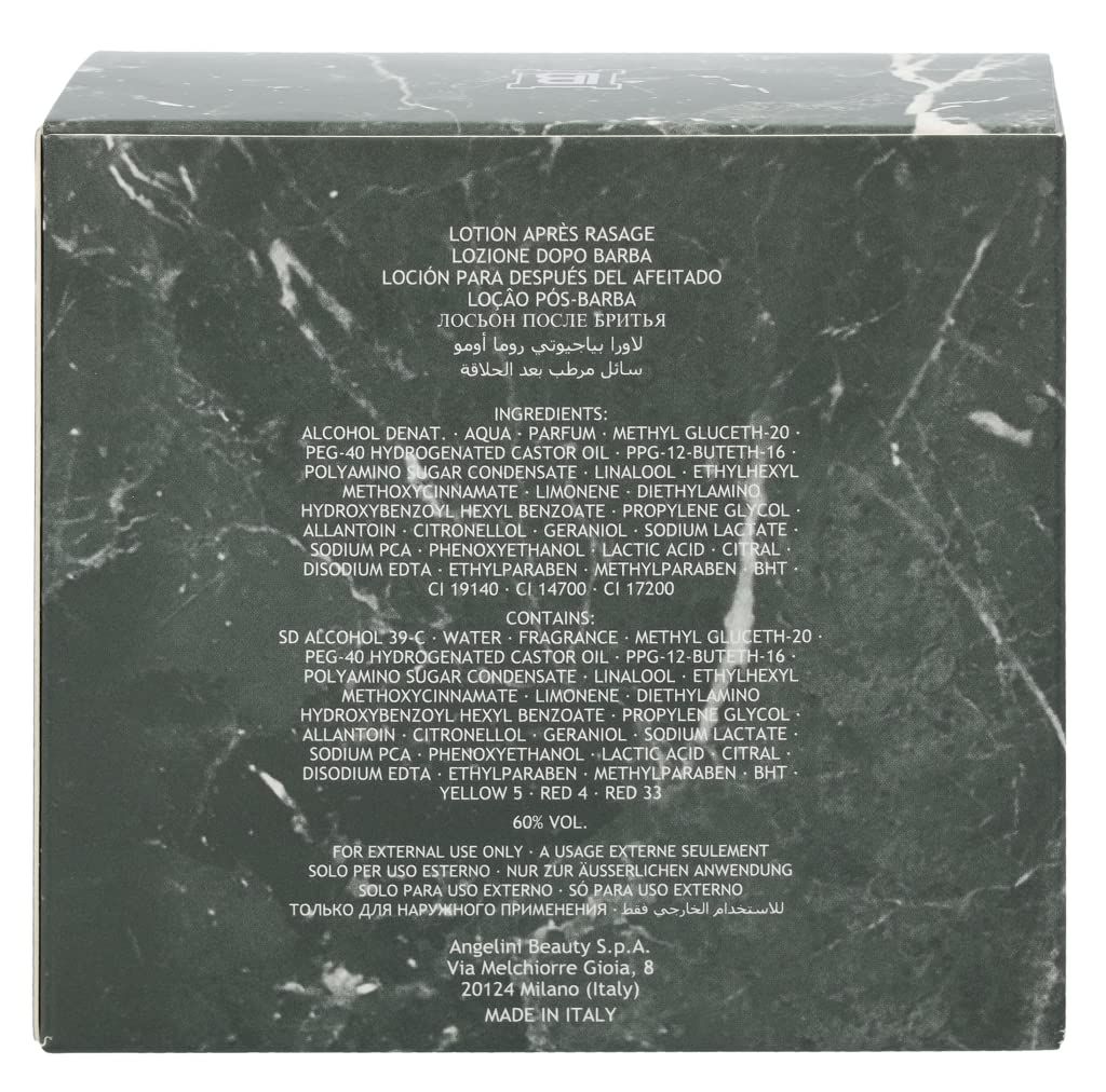 Retro della confezione di Laura Biagiotti Roma Uomo. Testo con ingredienti e informazioni del produttore.