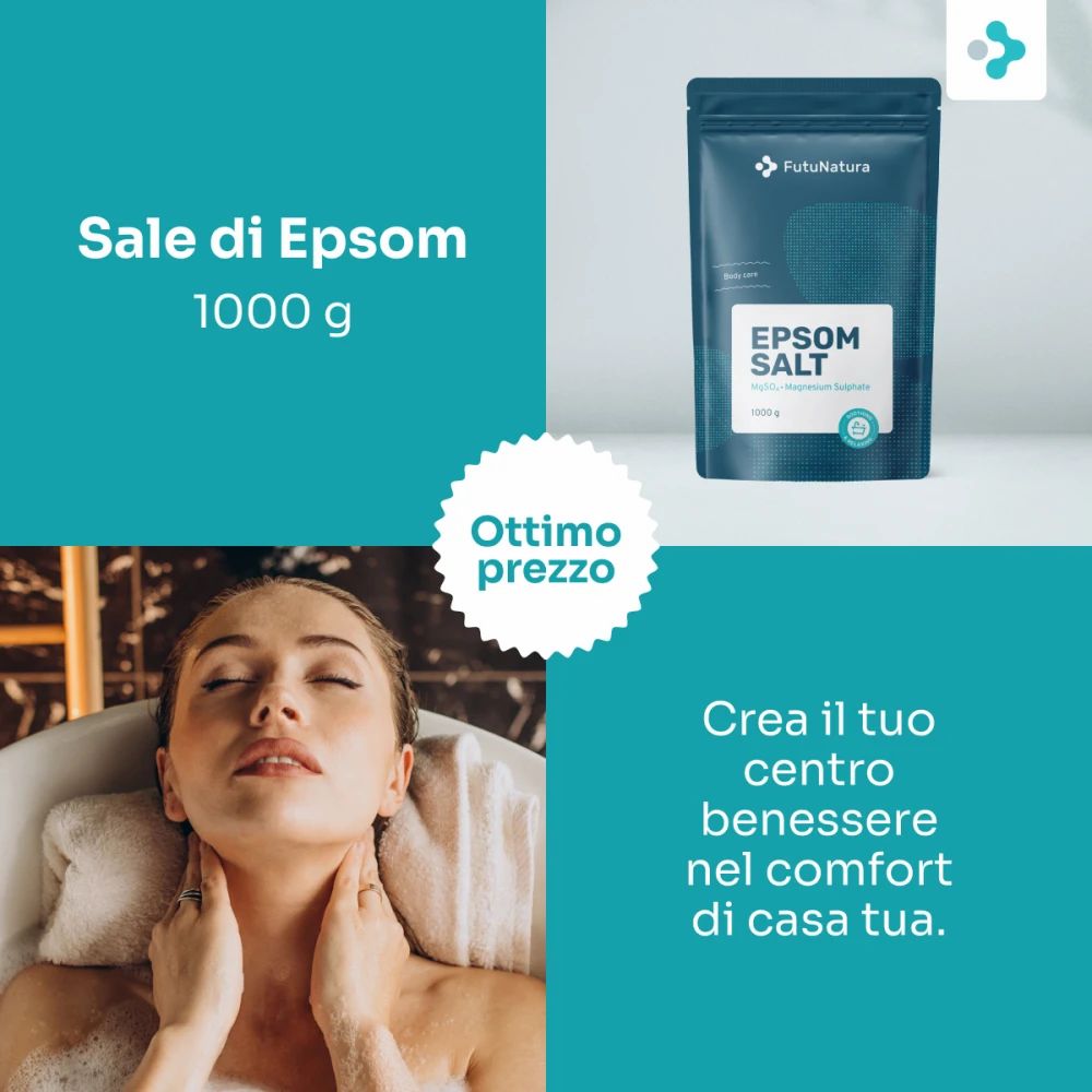 Confezione del prodotto FutuNatura Sale di Epsom. Donna in bagno. Testo: Sale di Epsom, 1000 g, Ottimo prezzo.
