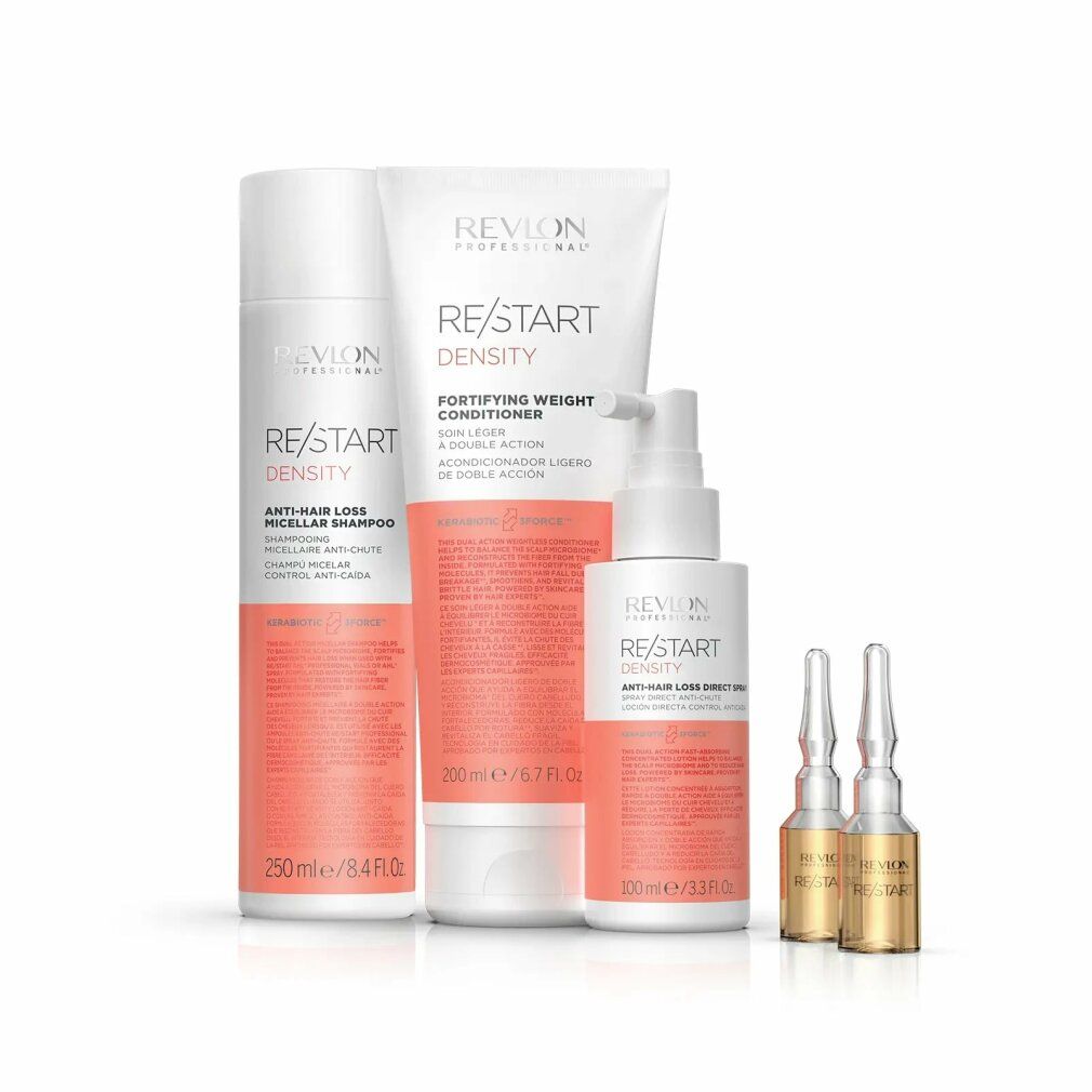 Diversi prodotti: shampoo, balsamo, spray e fiale. Scritta: Revlon Professional, Re/Start Density. Confezione rosa e bianca.