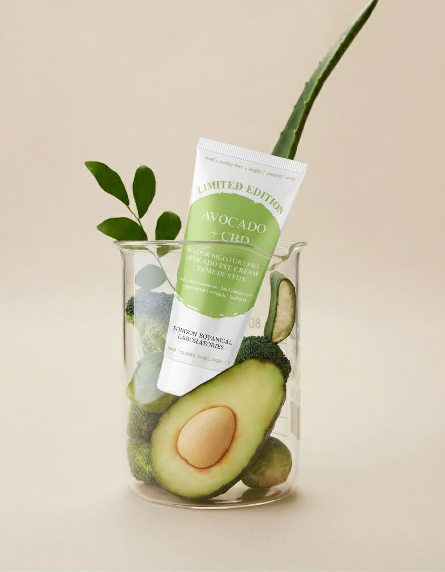 Tubo di crema contorno occhi Avocado + CBD in un becher con avocado e aloe vera.