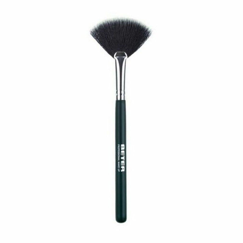 Pennello da trucco sintetico a ventaglio con manico scuro e ghiera argentata.