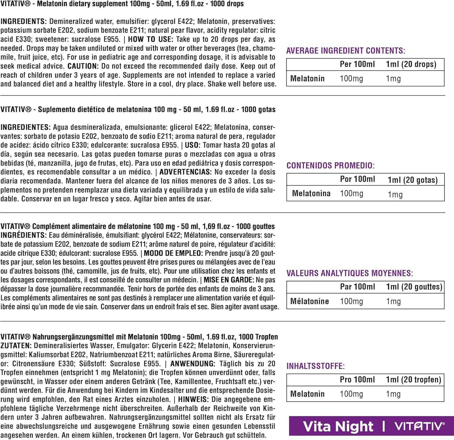 VITATIV® VITANIGHT Melatonina in Gocce - 50 ml (1000 Gocce) Integratore per il Sonno