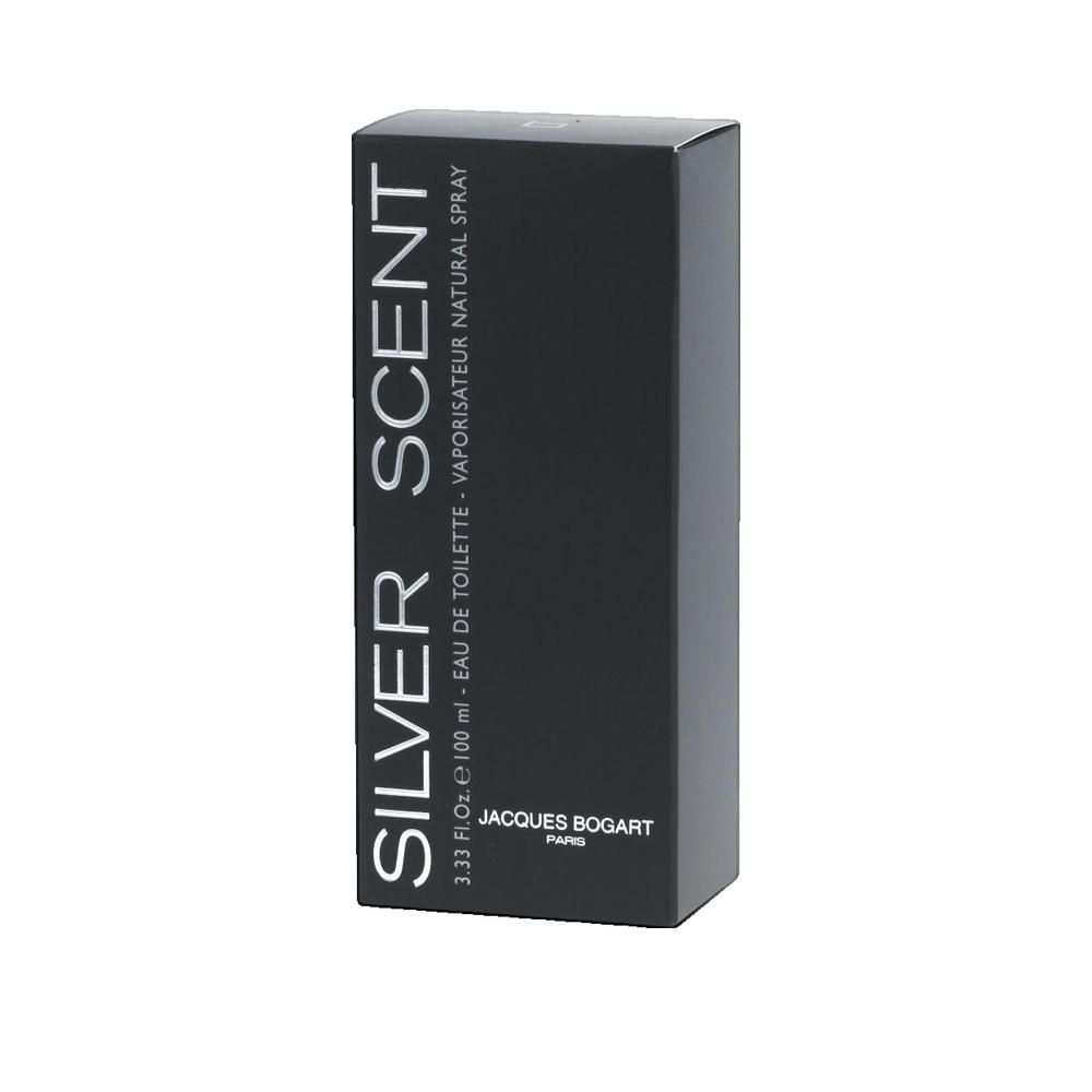 Confezione nera. Scritta: SILVER SCENT, Jacques Bogart. Testo: Eau de Toilette, Natural Spray.