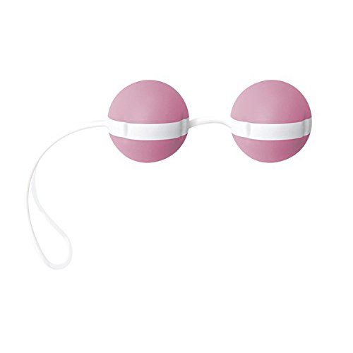 Due sfere rosa con strisce bianche, collegate da un cordino con anello.