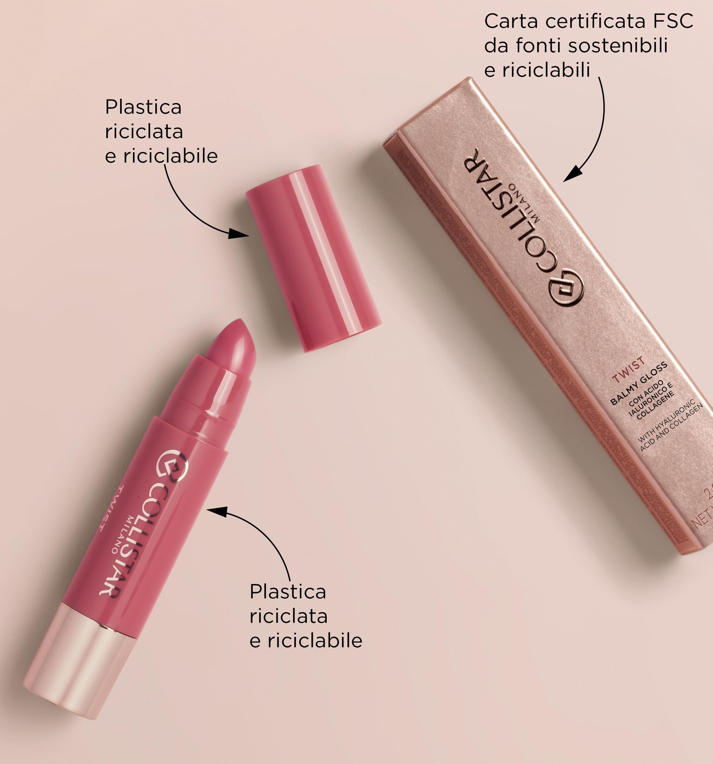 Rossetto aperto e confezione. Rossetto rosa, base dorata. Confezione con scritta: Collistar, Twist Balmy Gloss.