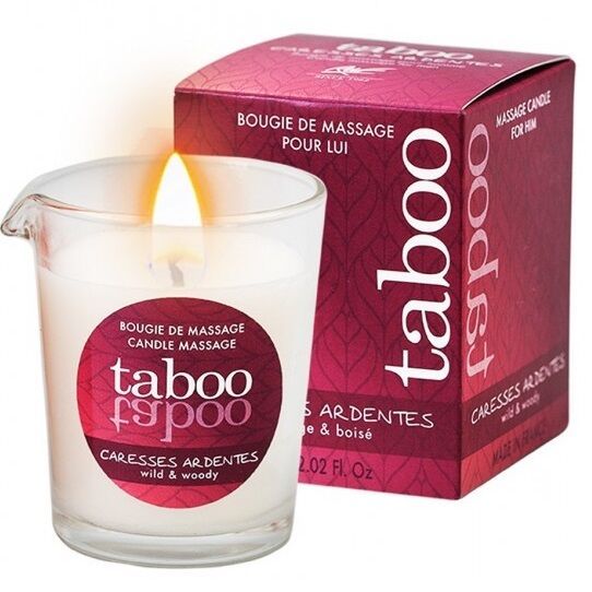 Candela da massaggio in vetro con beccuccio e confezione, profumo 'selvatico & legnoso'.