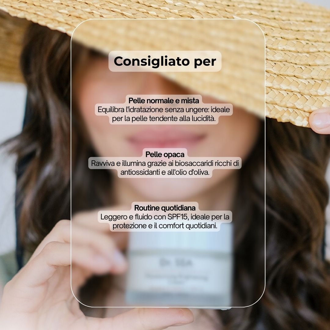 Donna con cappello. Testo: Consigliato per: Pelle normale e mista, Pelle spenta, Routine quotidiana. Crema Dr. SEA.