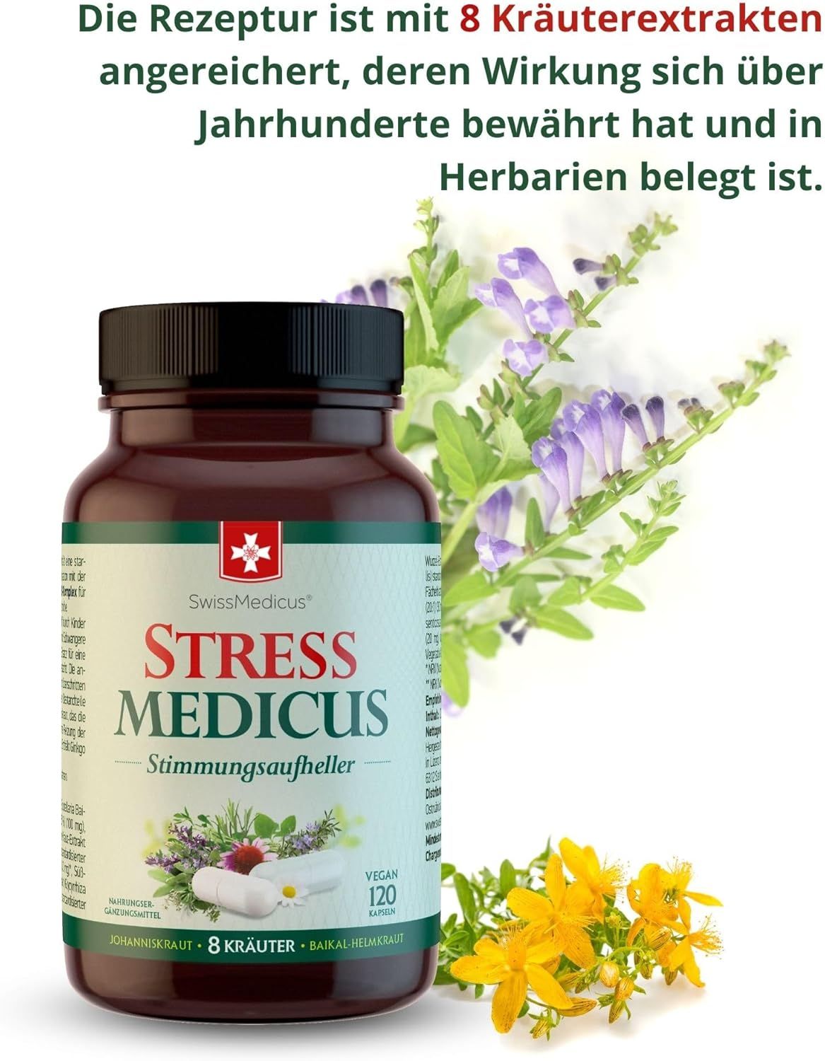 Flacone del prodotto con la scritta Stress Medicus, Stimmungaufheller. Contiene 8 erbe. Vegano. Testo: La ricetta è arricchita con 8 estratti di erbe.