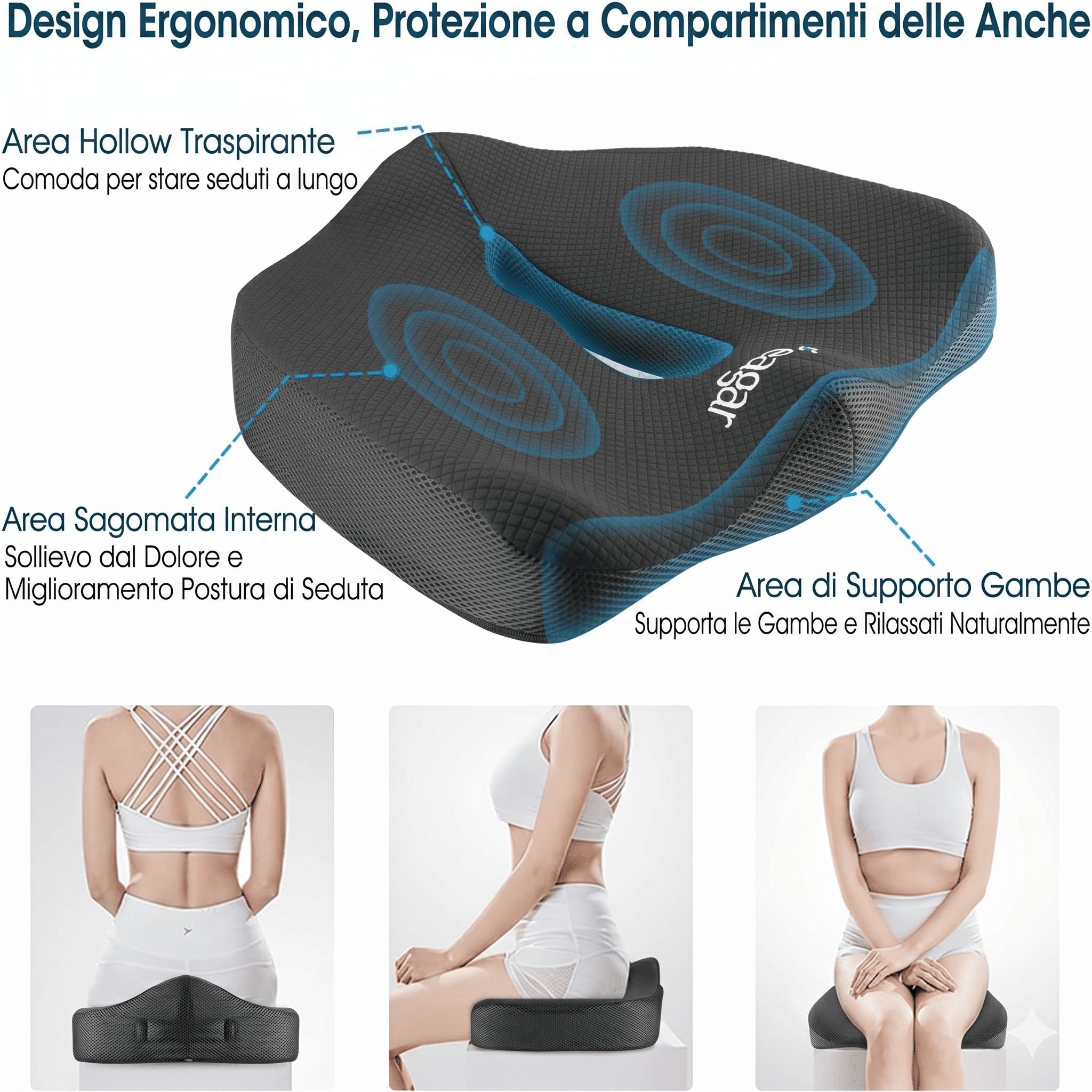 Cuscino ergonomico per seduta con foro, traspirante e di supporto.