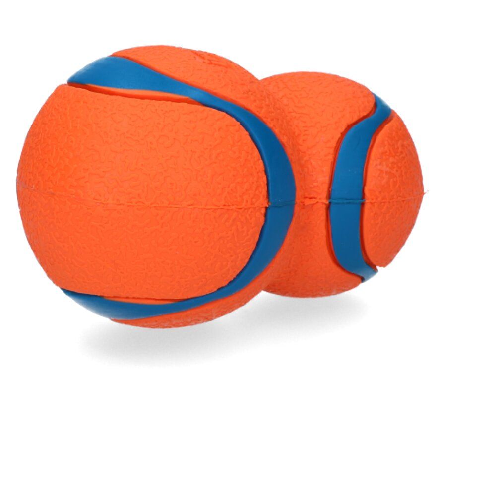 Giocattolo per cani arancione con strisce blu. Forma a doppia sfera. Marchio Chuckit.