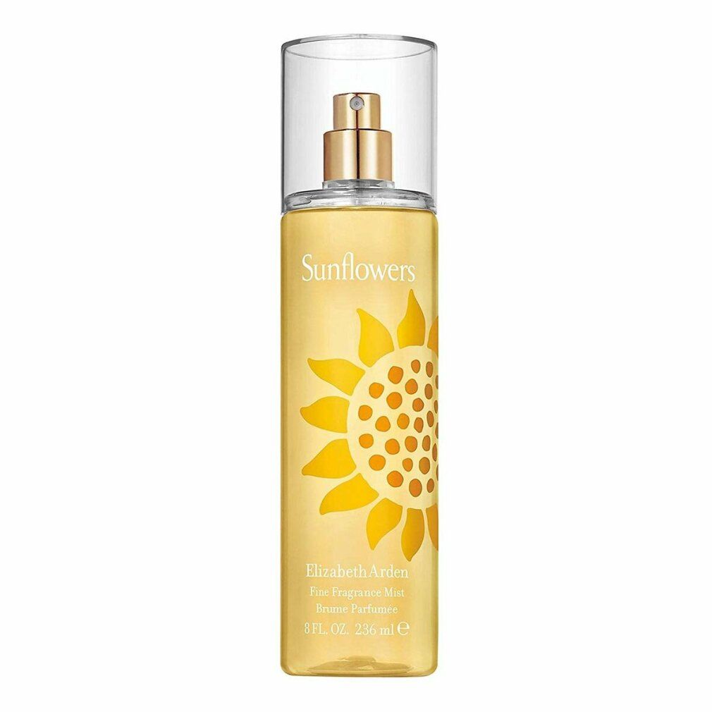 Flacone giallo con design girasole. Scritta 'Sunflowers' e 'Elizabeth Arden'. Tappo trasparente.