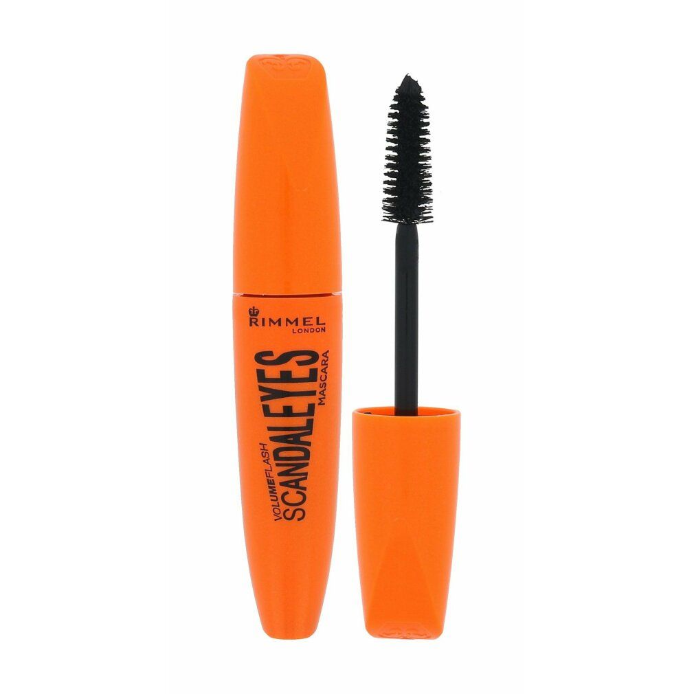 Tubo mascara arancione con applicatore nero. Scritta: Rimmel Scandaleyes.
