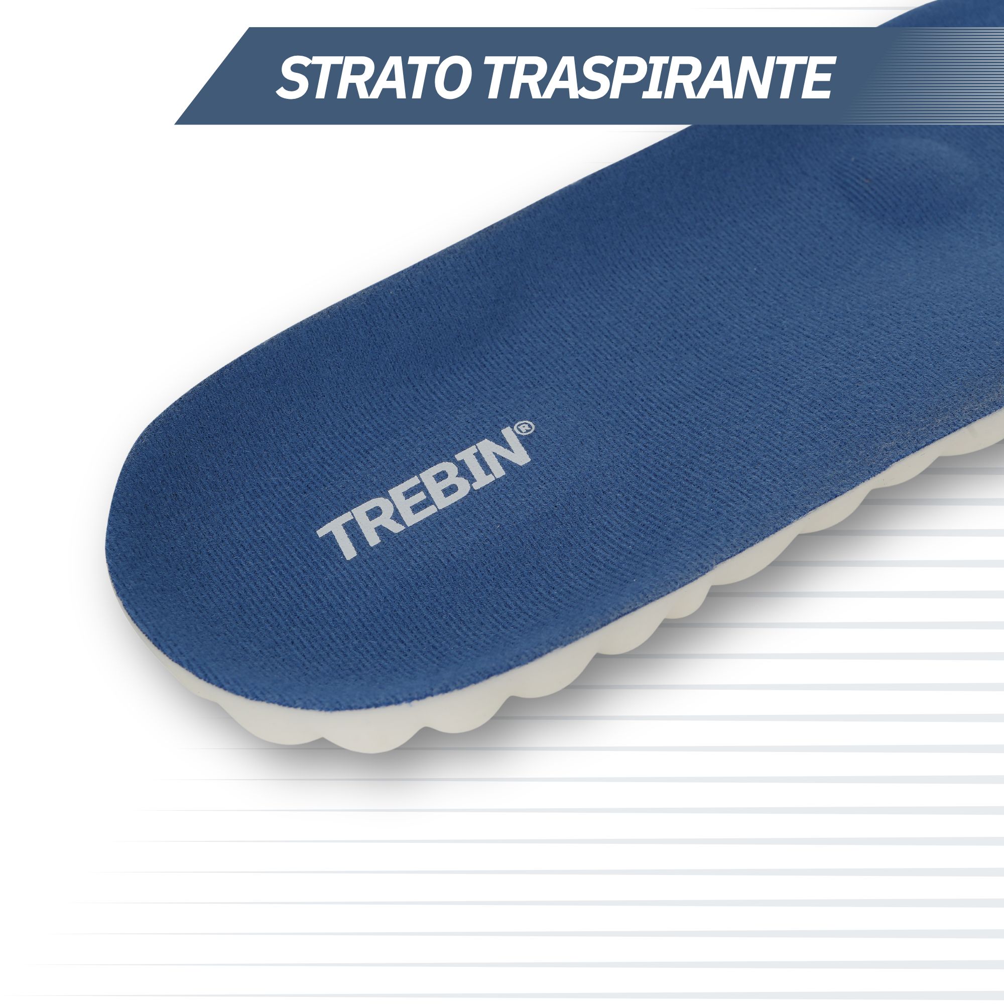 Vista dettagliata di una soletta blu con scritta 'TREBIN'.