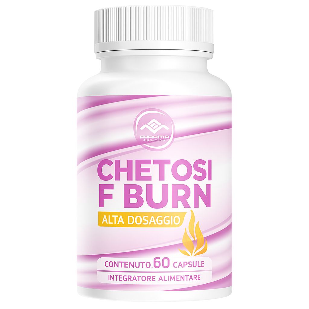 Flacone bianco con etichetta rosa. Scritta: Chetosi F Burn, ad alto dosaggio. Contenuto: 60 capsule. Integratore alimentare.