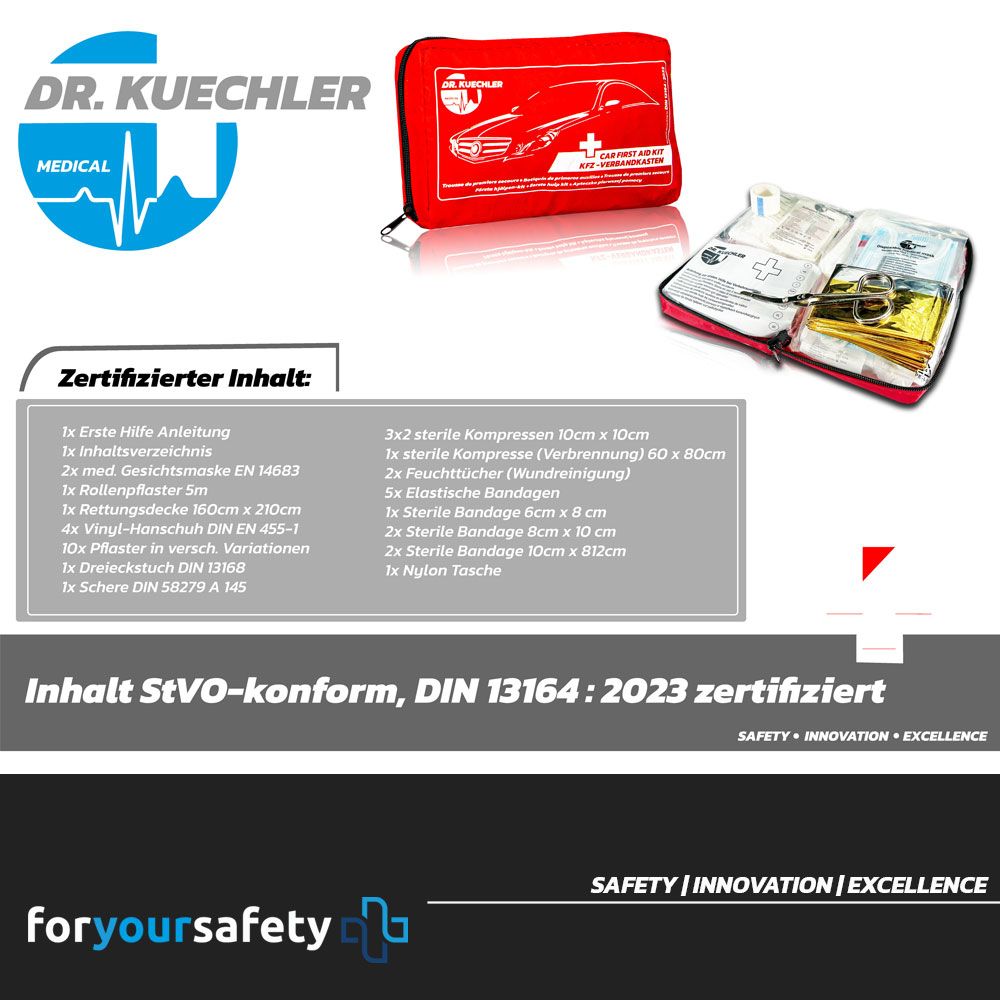 Contenuto della borsa di pronto soccorso per auto. Certificato DIN 13164:2023. Contiene medicazioni.