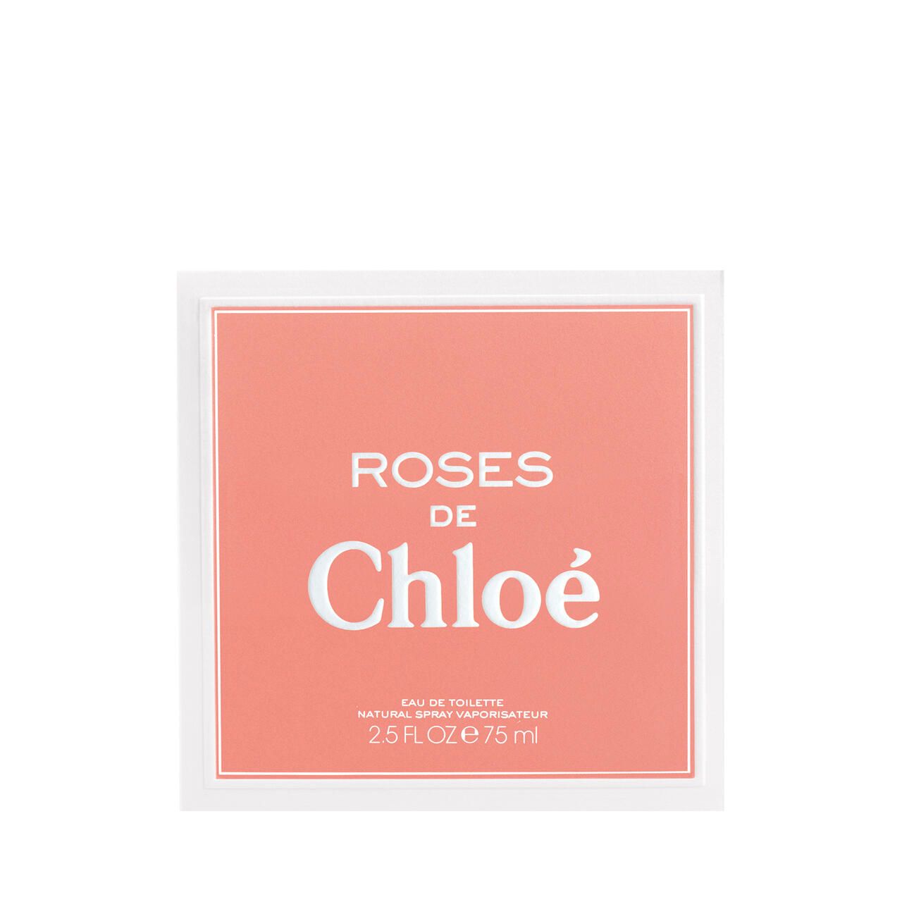 Confezione con scritta "Roses de Chloé". Sfondo rosa, cornice bianca.