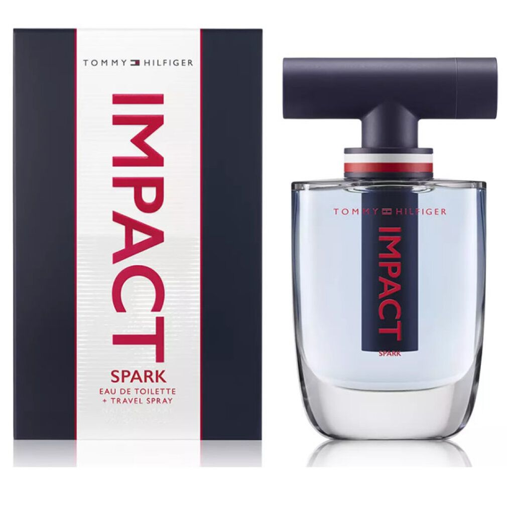 Tommy Hilfiger Impact Spark Eau De Toilette Spray e confezione. Flacone con tappo nero e scritta rossa "IMPACT". Confezione nera.