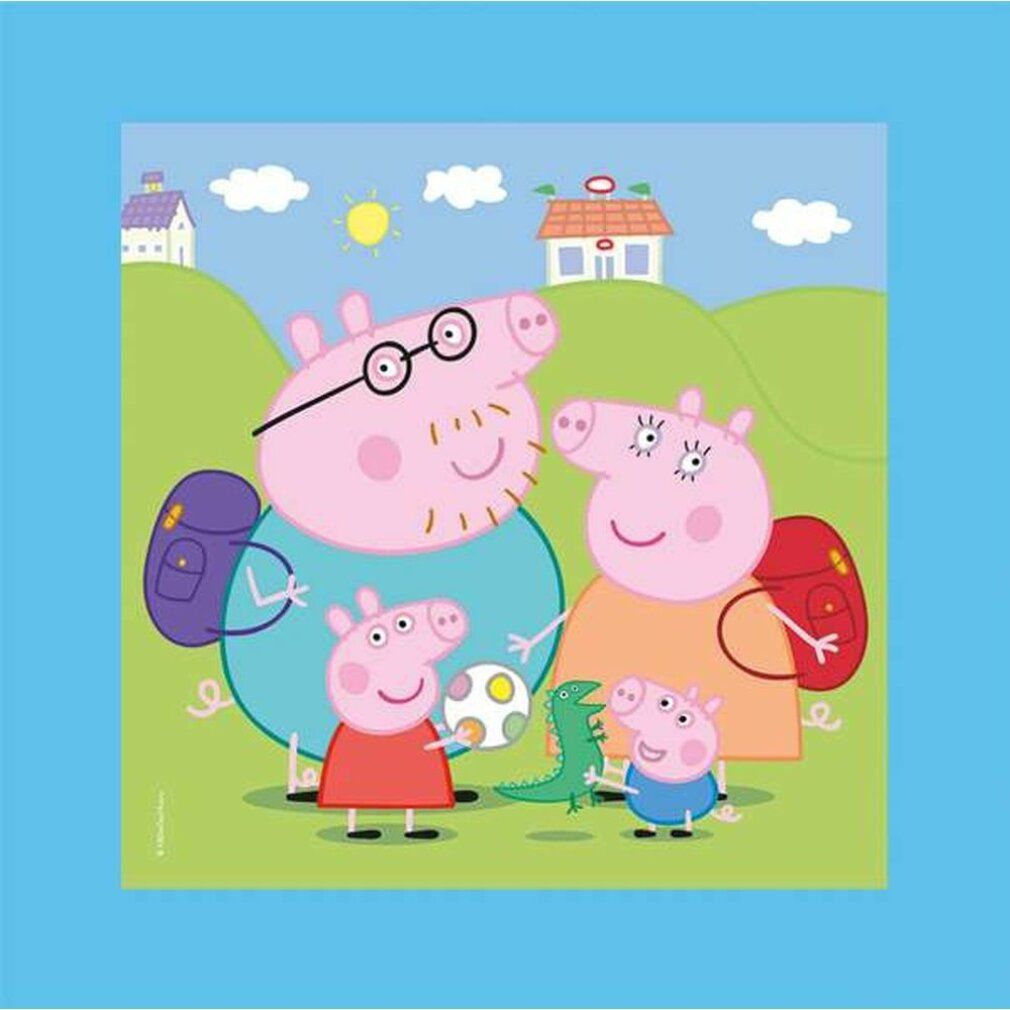 Motivo puzzle quadrato con la famiglia Peppa Pig. Sfondo azzurro chiaro. Peppa, Papà, Mamma e fratello.